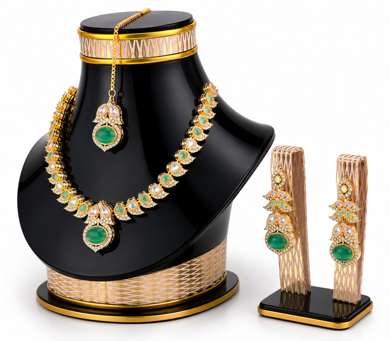 Gold Plated Bridal Jewelry Set Green Crystal Necklace Earrings Maang Tikka