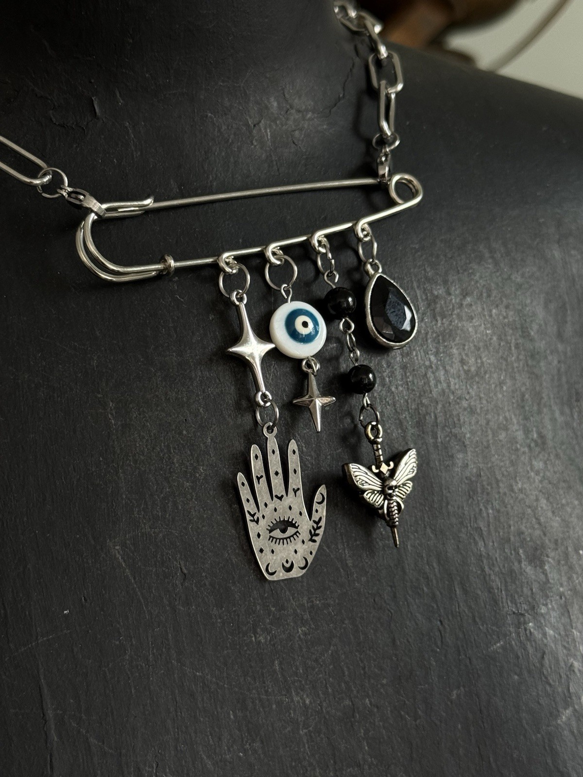 Protection Necklace Large Safety Pin Pendant Dangle Charm Charms brooch witchy