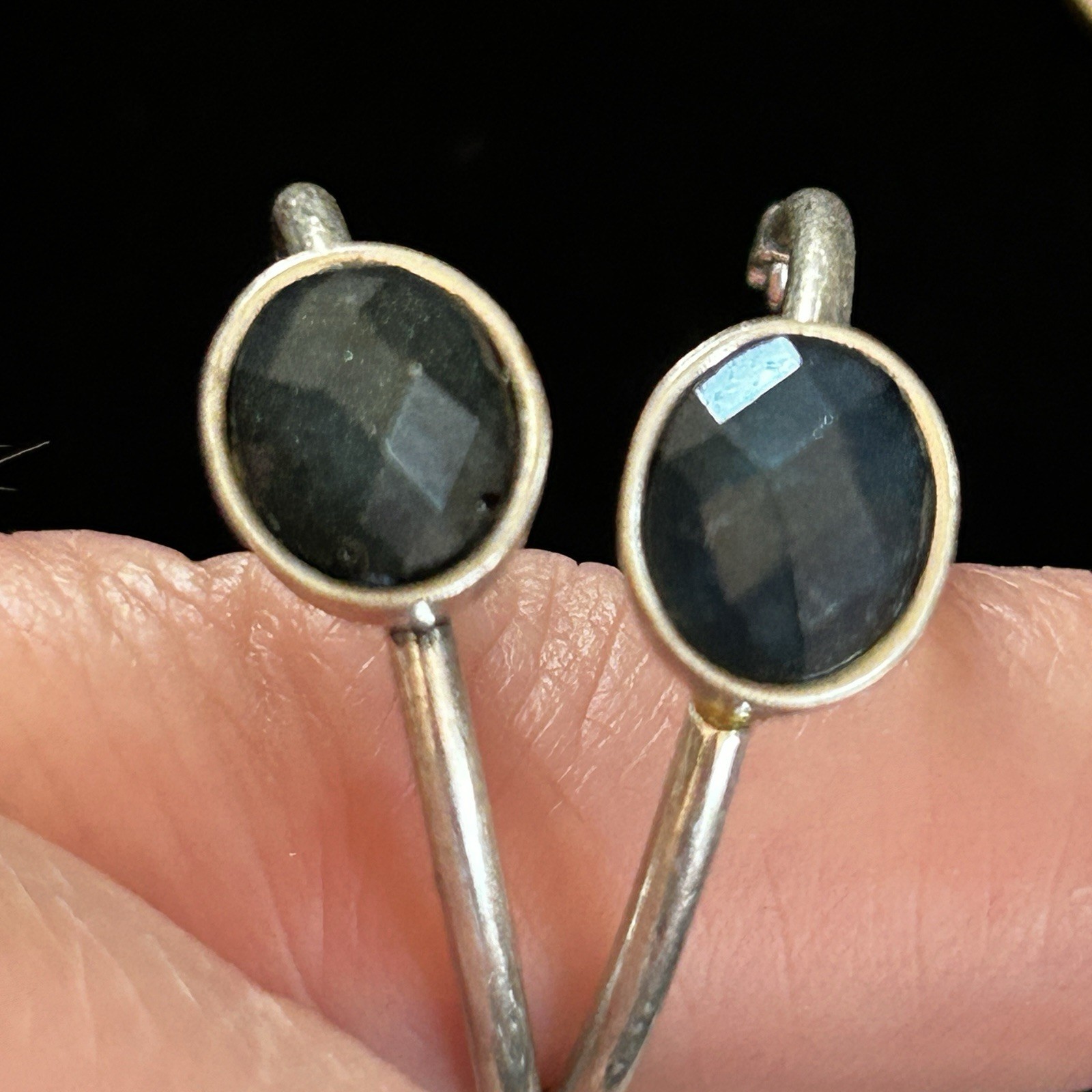 Avon Signed Silver-Tone Blue Faceted Oval Stone Bracelet & Hoop Earrings Set