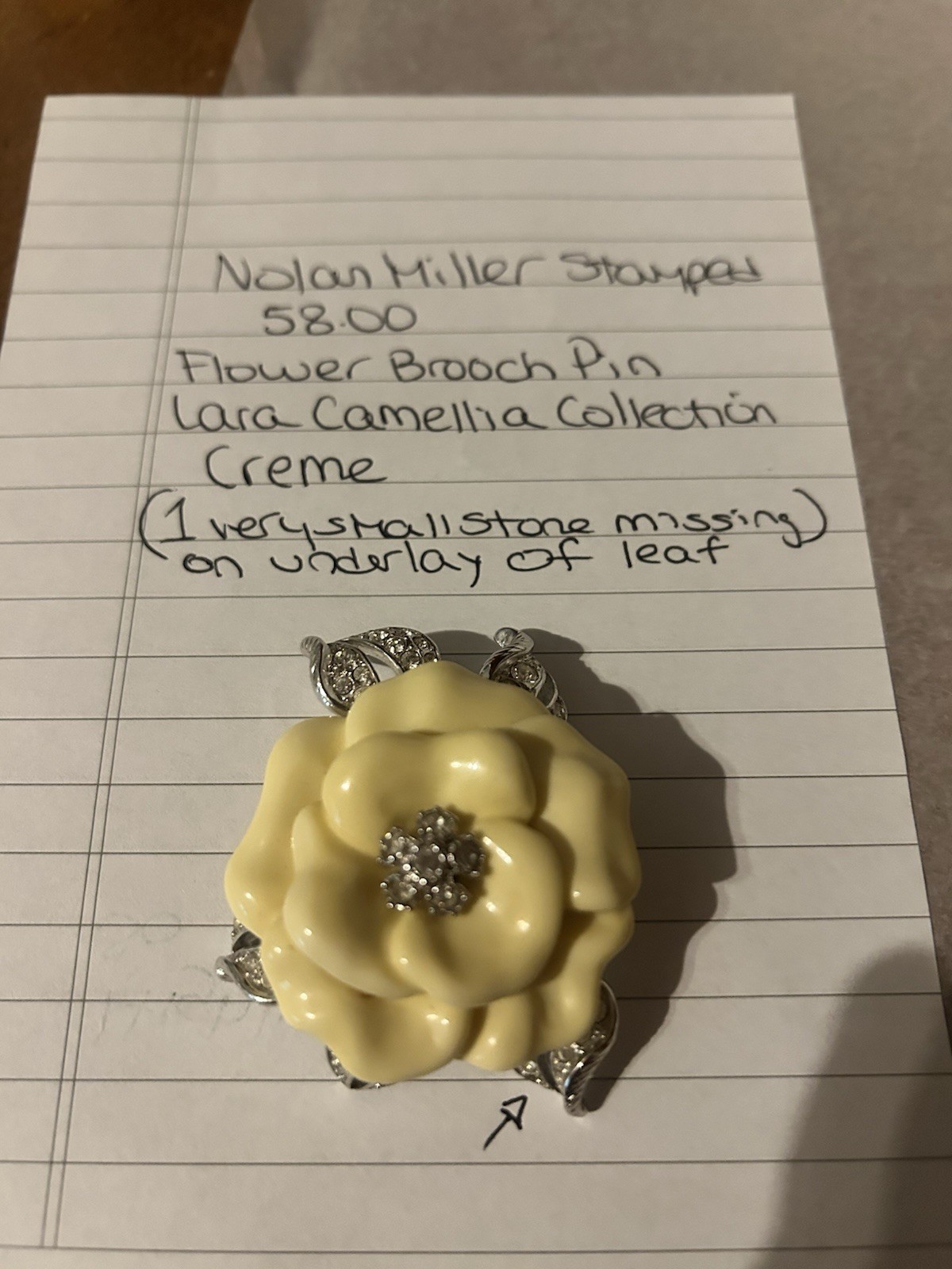 Nolan Miller Vintage Signed Flower Brooch Pin Cream Silver Clear Rhinestones