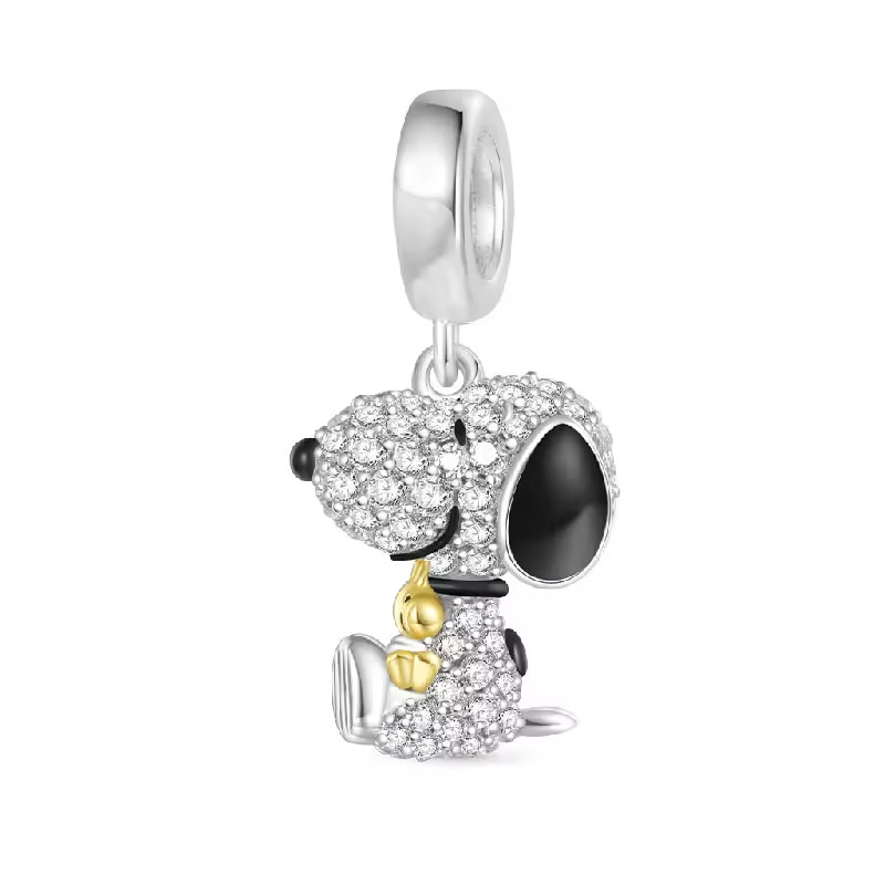CZ SNOOPY DOG GOLD WOODSTOCK STERLING SILVER CHARM BRACELET DANGLE BEAD & POUCH