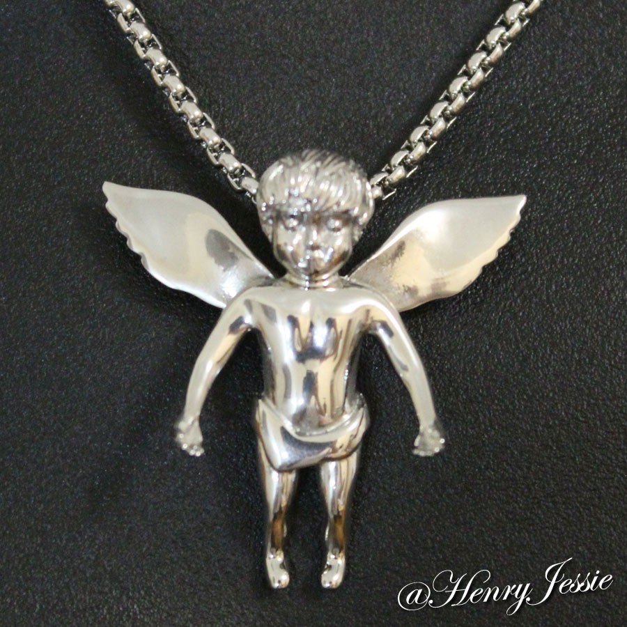 18-32″MEN Stainless Steel 2mm Silver Box Link Chain Little ANGEL 3D Pendant*P48
