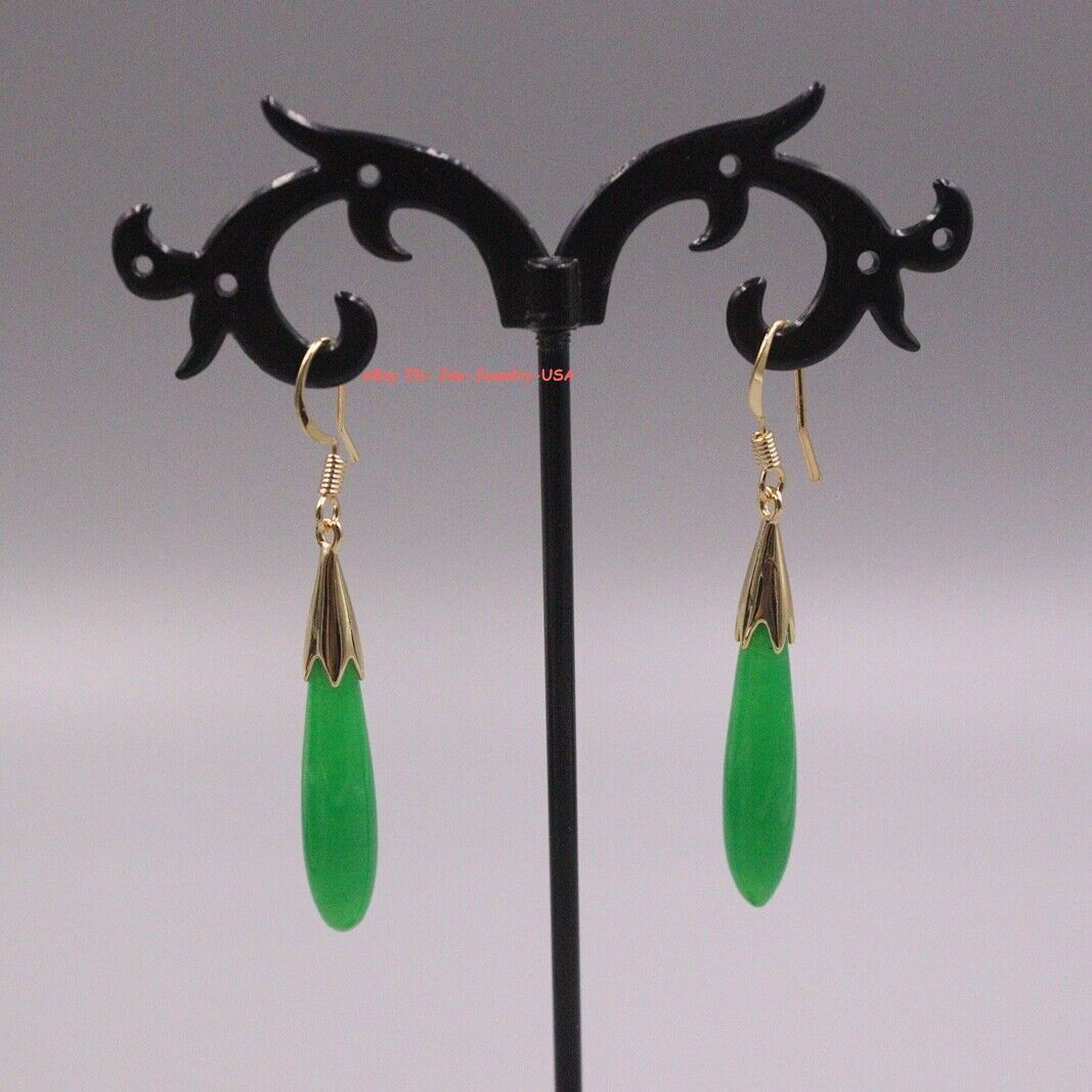 New Gold Plated Heated Green Jade Long Charm Dangle Earrings 2.04inch L