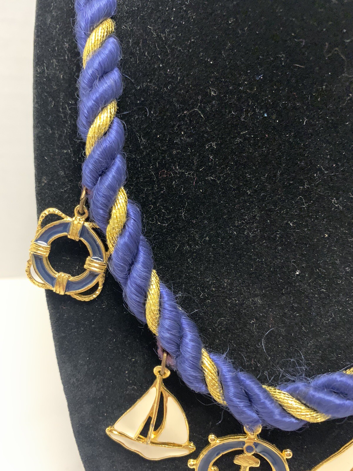 Nautical Navy & Gold Rope Collar Necklace w/ Sailboat & Anchor