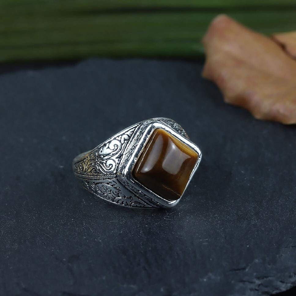 Mens Stainless Steel Silver Natural Tiger Eye Stone Ring Size 7-15 R34