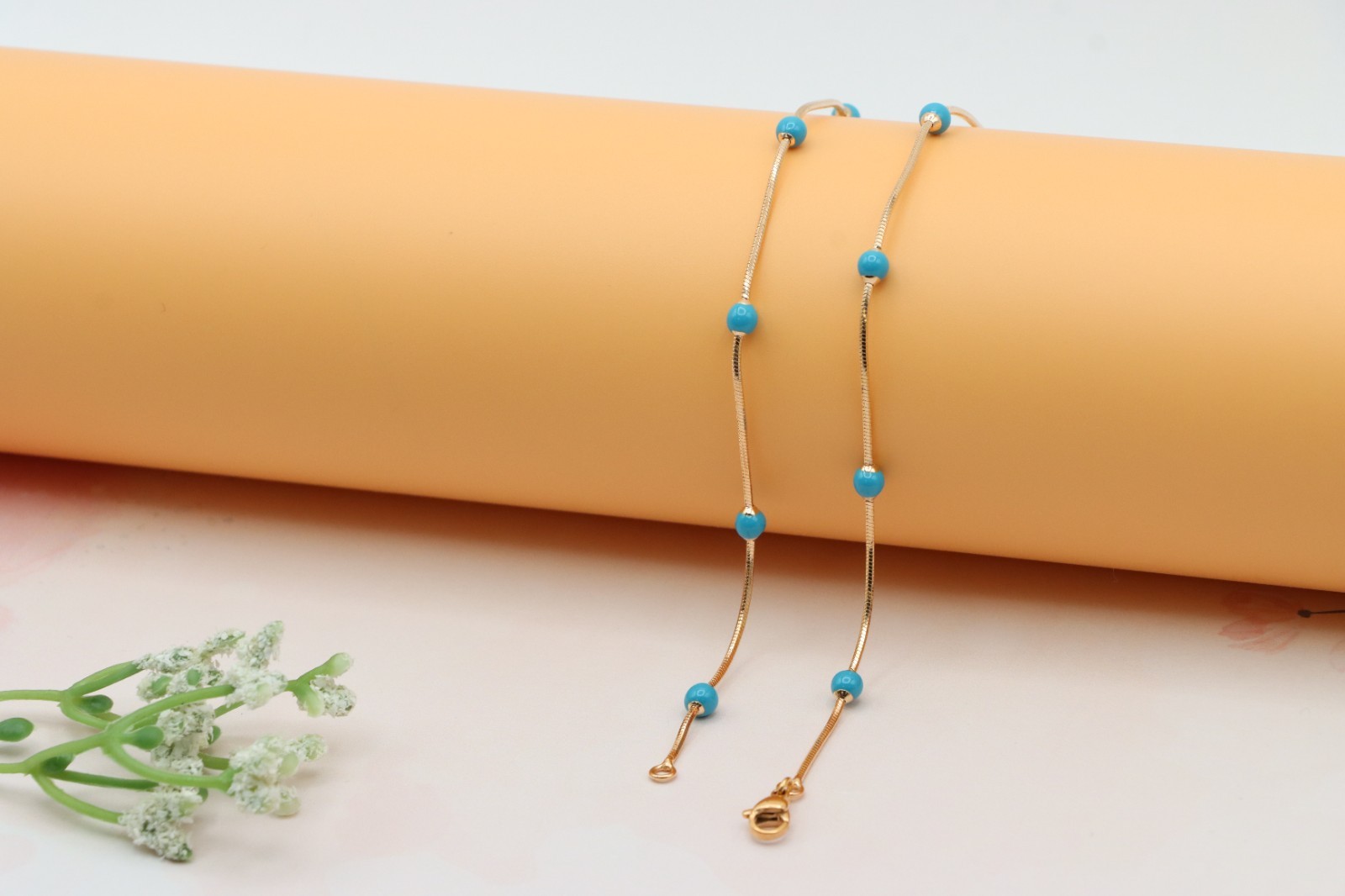 Rose Gold Chain Necklace with Blue Beads Elegant Style, XPNL0256