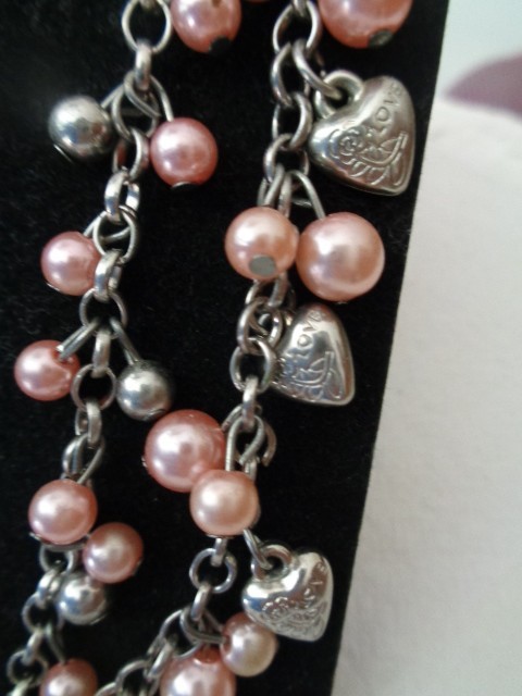 Double Strand Pink Faux Pearls and silver Hearts and ajustable Chain length