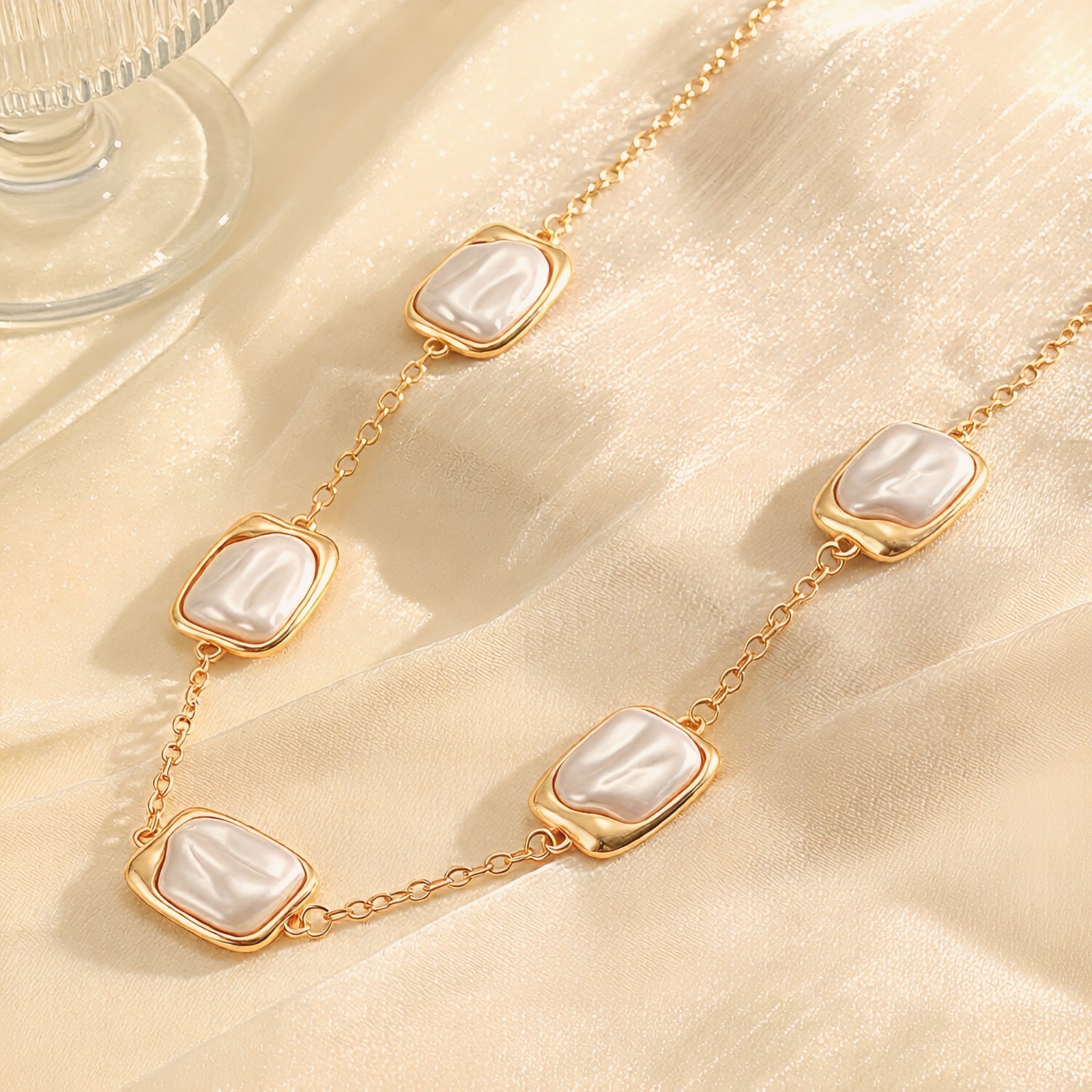 Gold Faux Pearl Jewelry Set Necklace Earrings Bracelet Wedding Bridal Gift