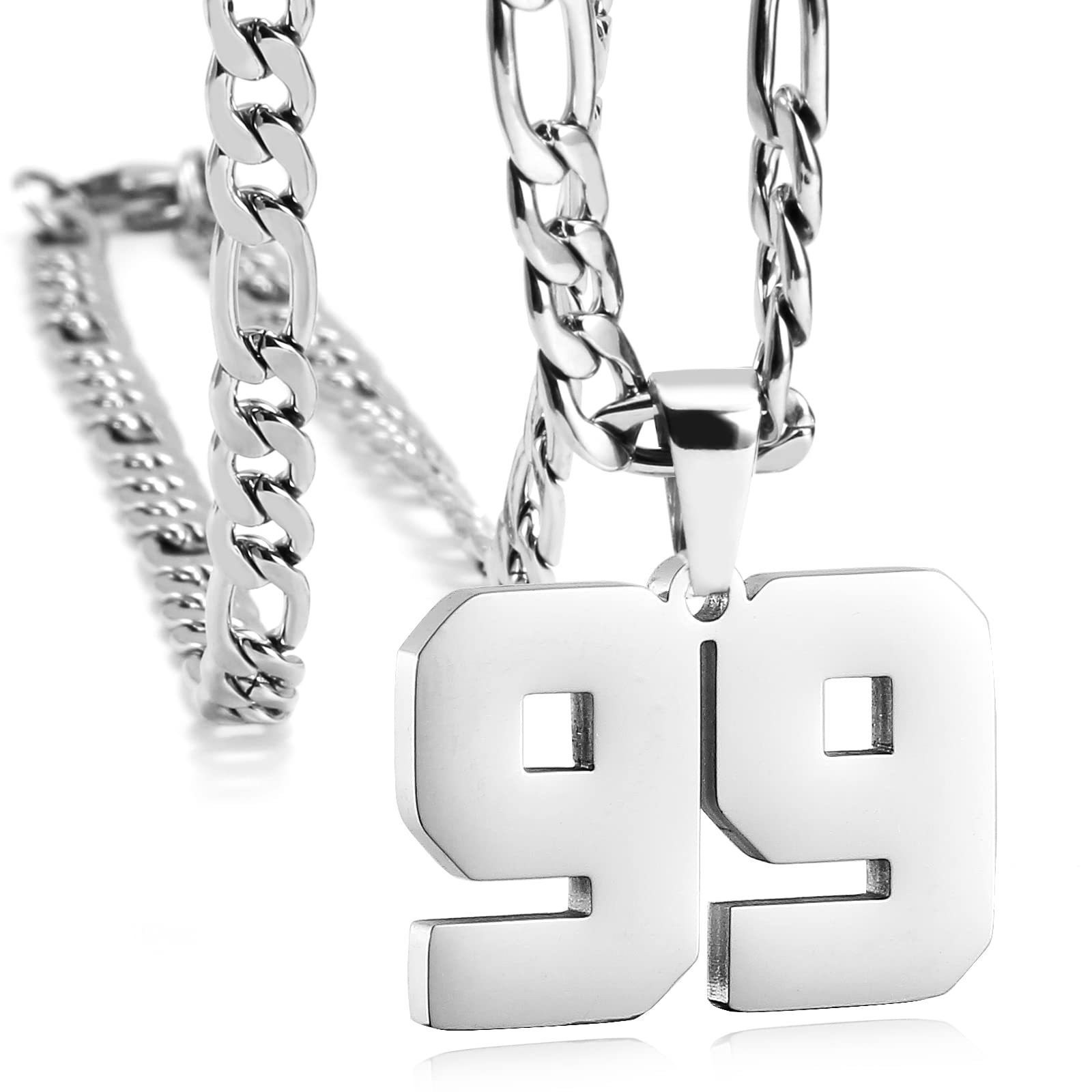 #00-#99 SPORTS silver NUMBER Pendant Charm / 24IN STAINLESS CHAIN NECKLACE