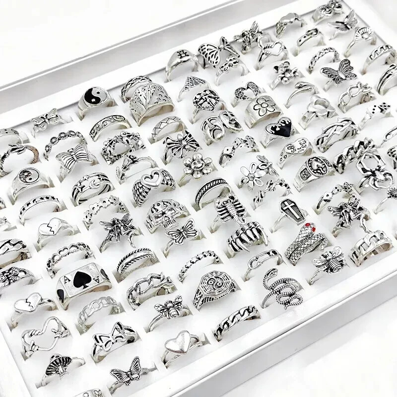 47pcs Antique Silver Gothic Rings Wholesale Mixed Vintage Metal Jewelry Set