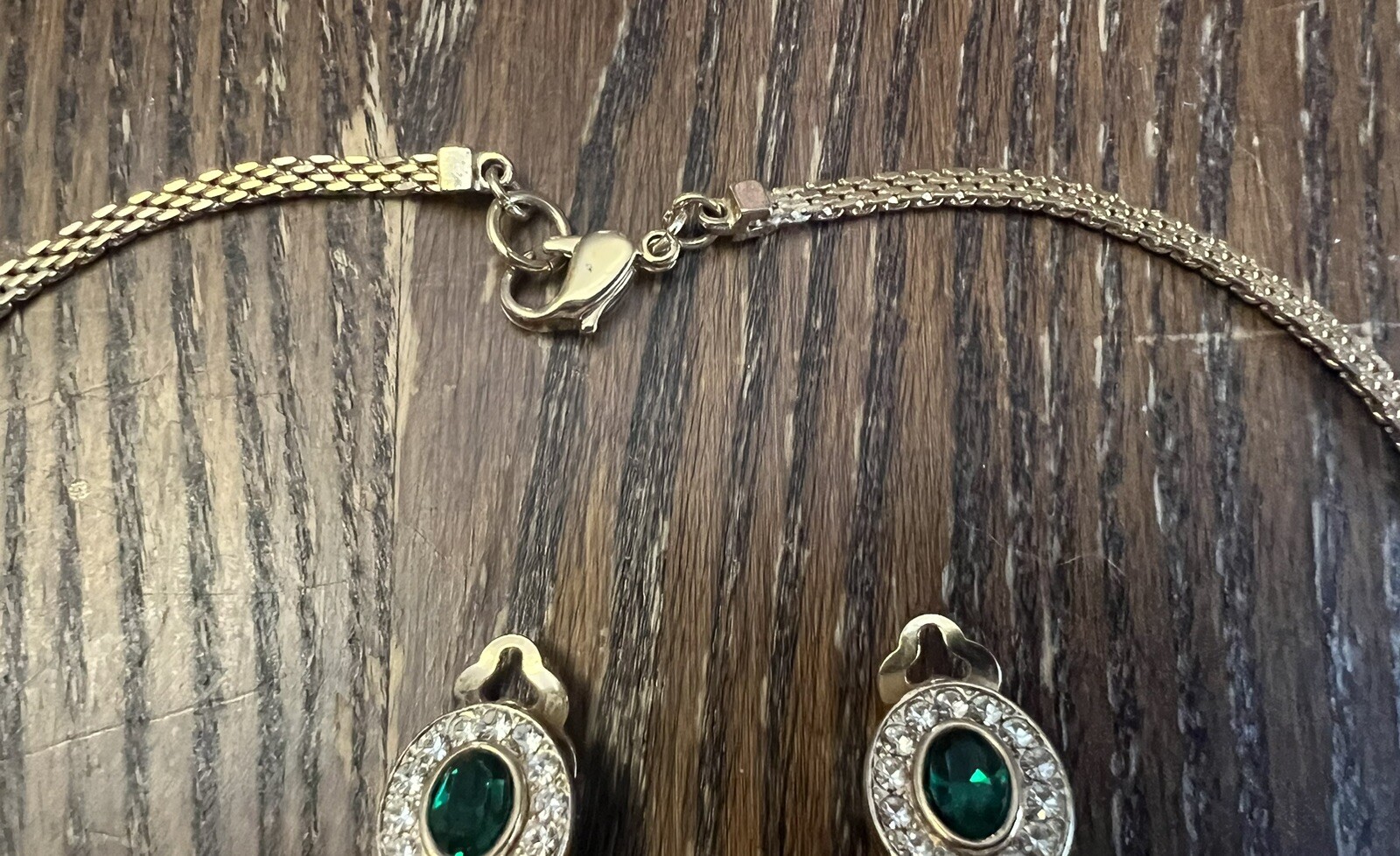 Gold Plated Red Green & Blue Crystal Necklace & Clip On Earring Set