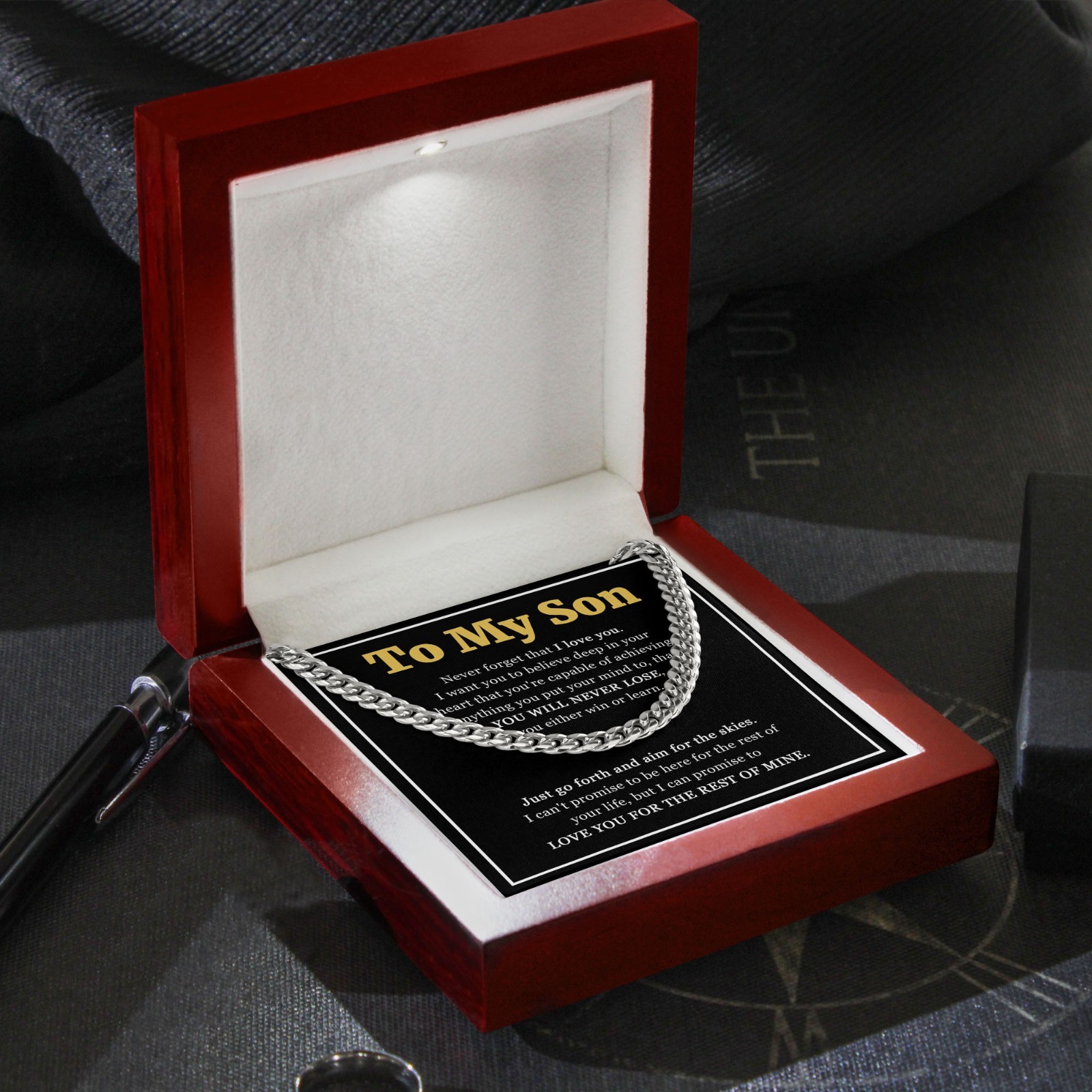 To My Son Necklace Cuban Link Chain, Encourage Bday Gift from Mom Dad I Love You