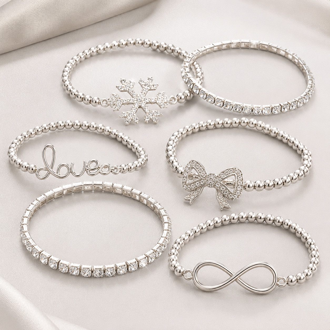 6Pcs Silver Tone Bracelet Set Women Crystal Snowflake Bow Love Infinity Jewelry