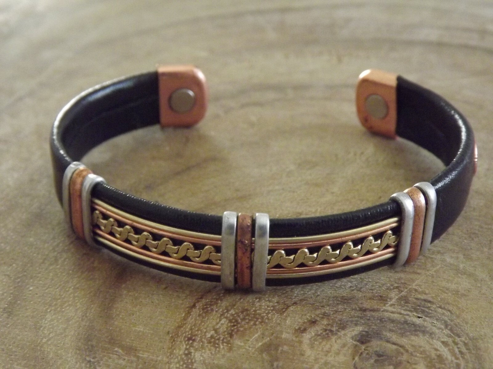 Solid Copper Leather Wrapped Magnetic Bracelet Men Women Energy Pain Zig Zag