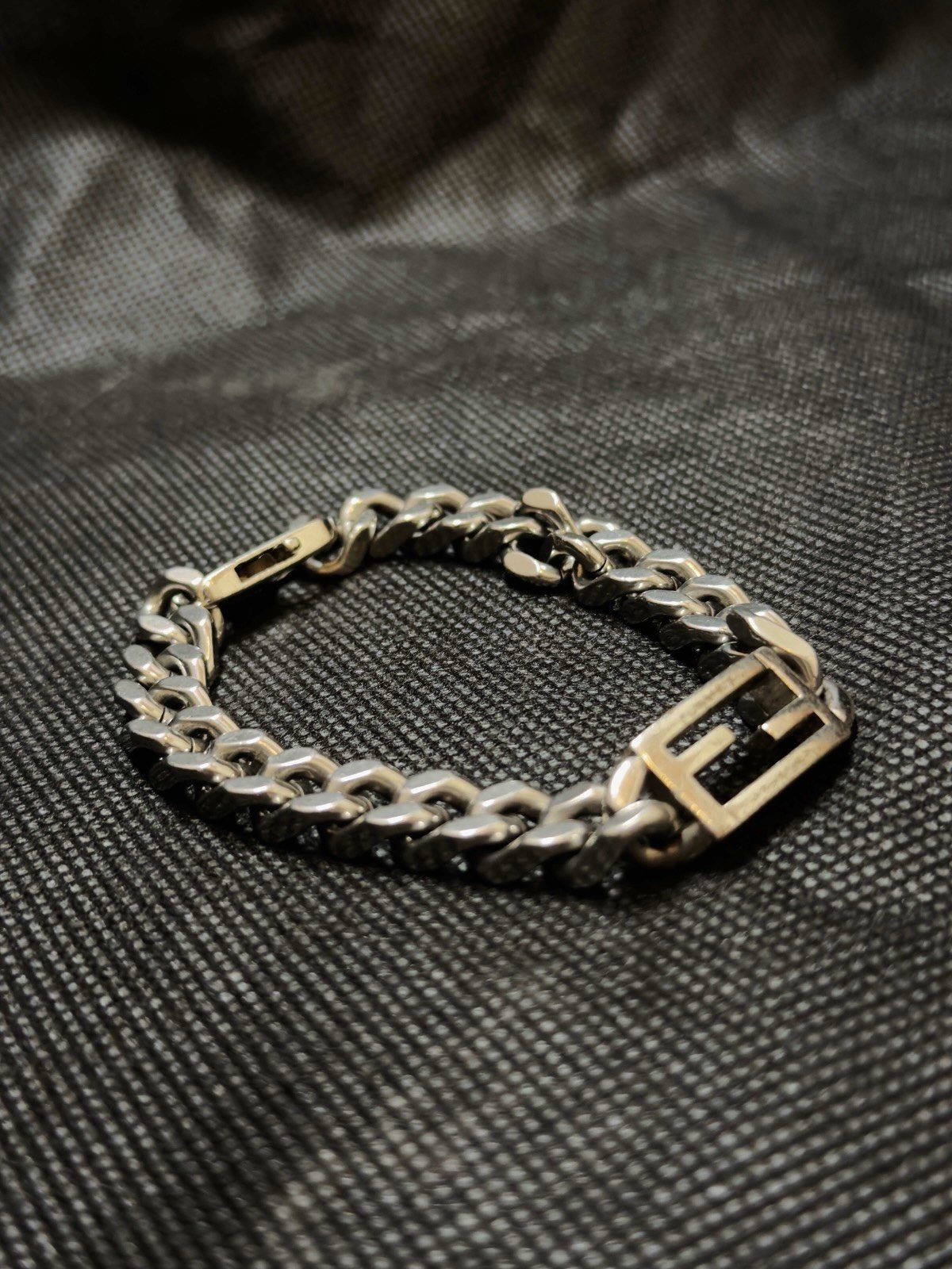 FENDI FF Baguette Logo Chain Bracelet Silver Tone Metal Italy Vintage Unisex