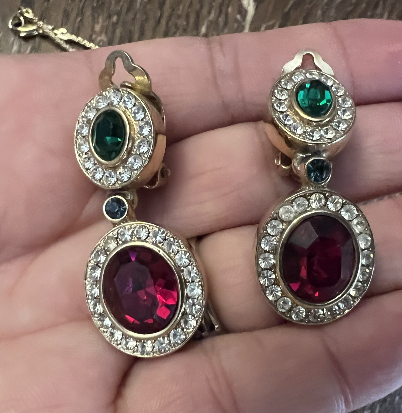 Gold Plated Red Green & Blue Crystal Necklace & Clip On Earring Set