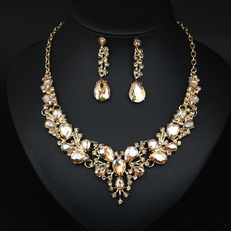 Crystal Gem Necklace Earrings Bridal Jewelry Set Statement Christmas Party Gift