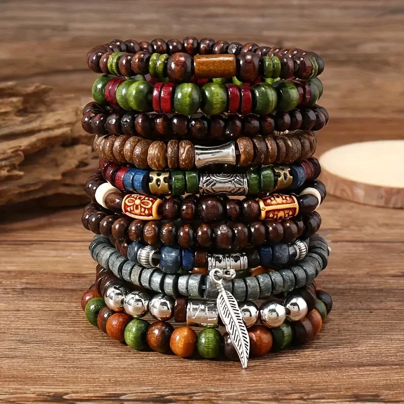 10Pcs Vintage Bohemia Men’S Bracelets – Fashion Stylish Leaves Wristwear Accesso