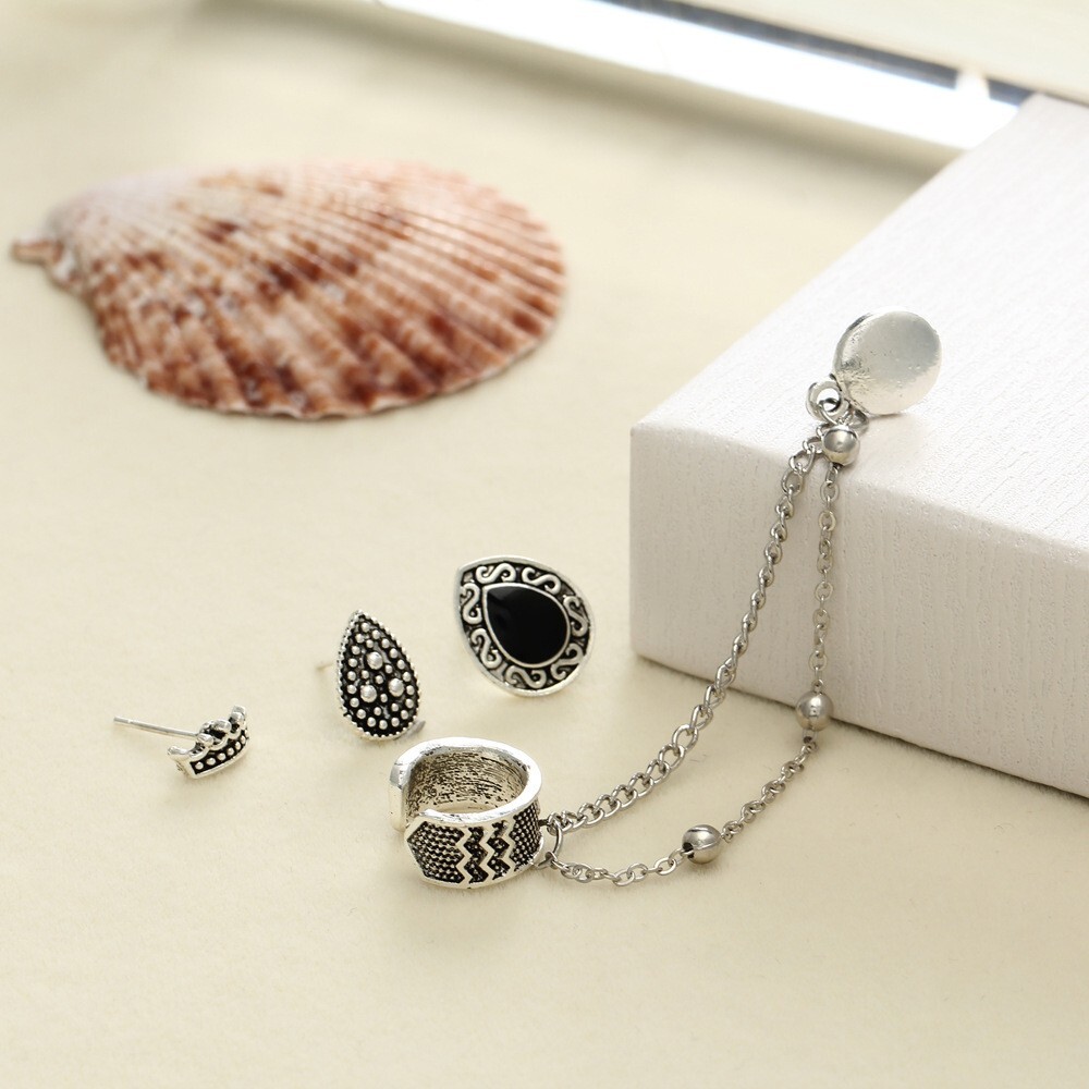 4pcs Stud Bohemian Retro Style Crown Water Droplets Chain Fashion Earrings Cuff