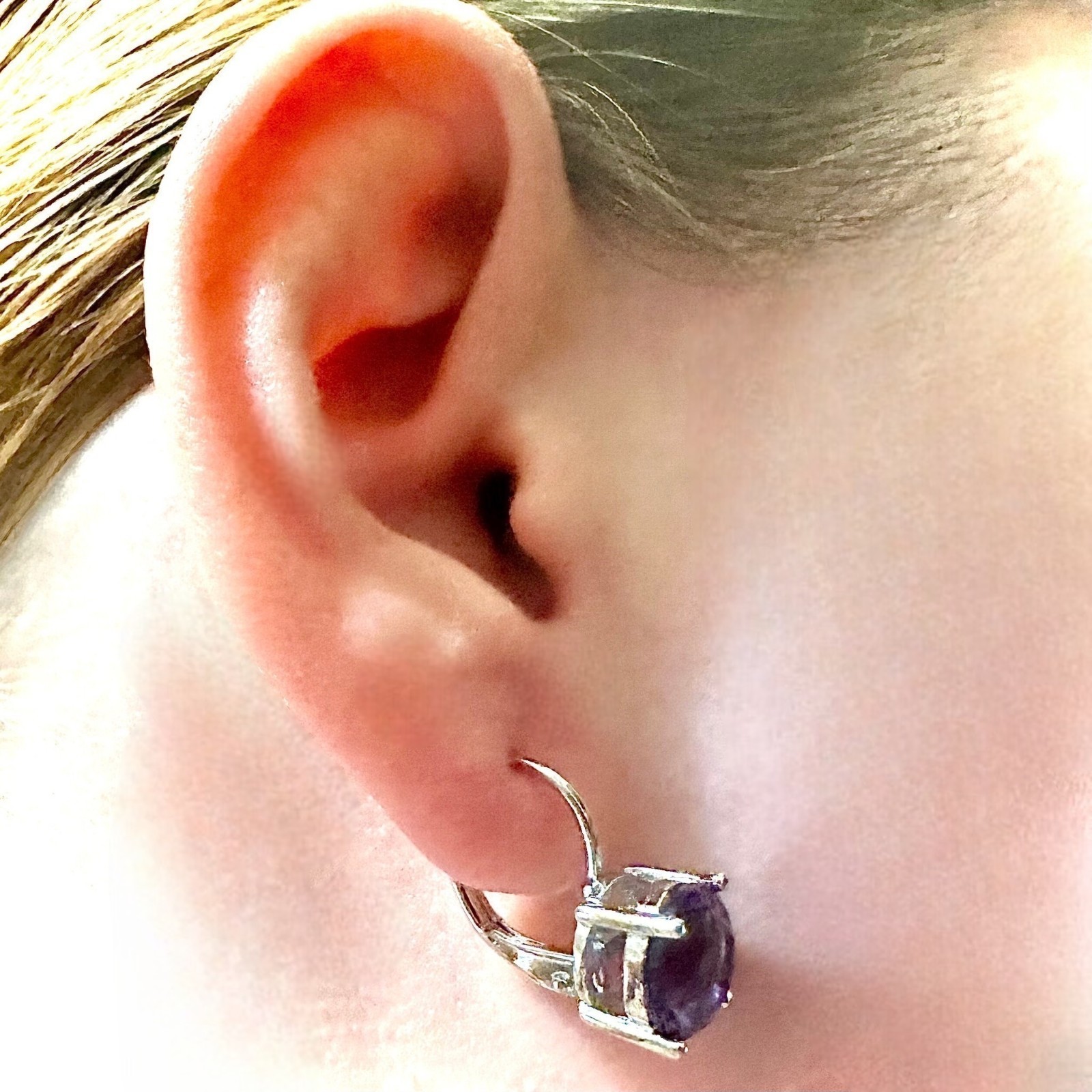 Amethyst CZ Leverback Earrings 6mm Silver Plated Purple Drop Earrings