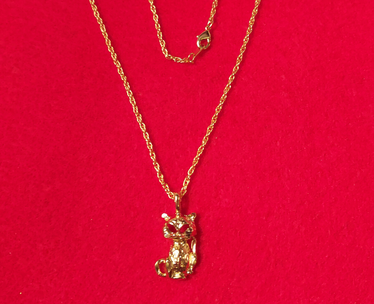 14KT GOLD PLATED KITTEN CAT CHARM PENDANT WITH 16 INCH ROPE CHAIN NECKLACE- 2521