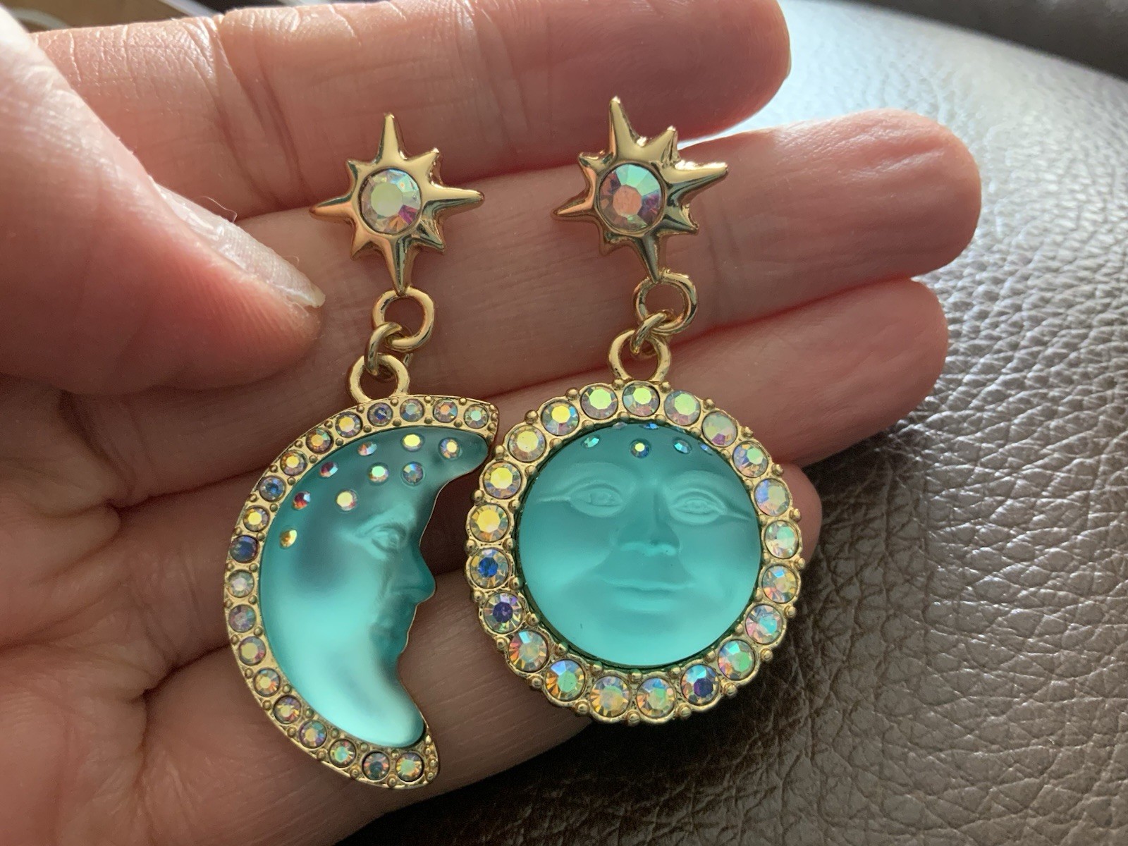 Moon Sun Star Earrings Face Mismatch Gold Deco Celestial Glass CZ Asymmetric
