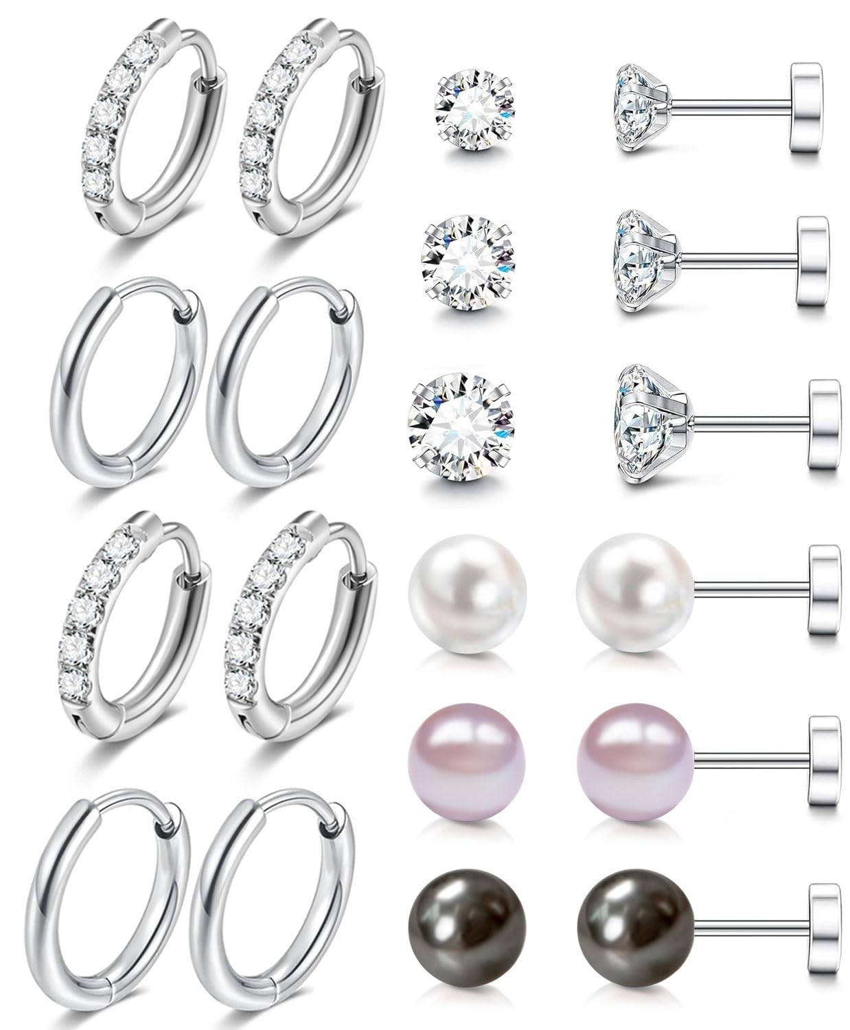 6mm-10mm Surgical Steel Huggie Hoop Earrings Flat Back Stud Set Piercing Jewelry