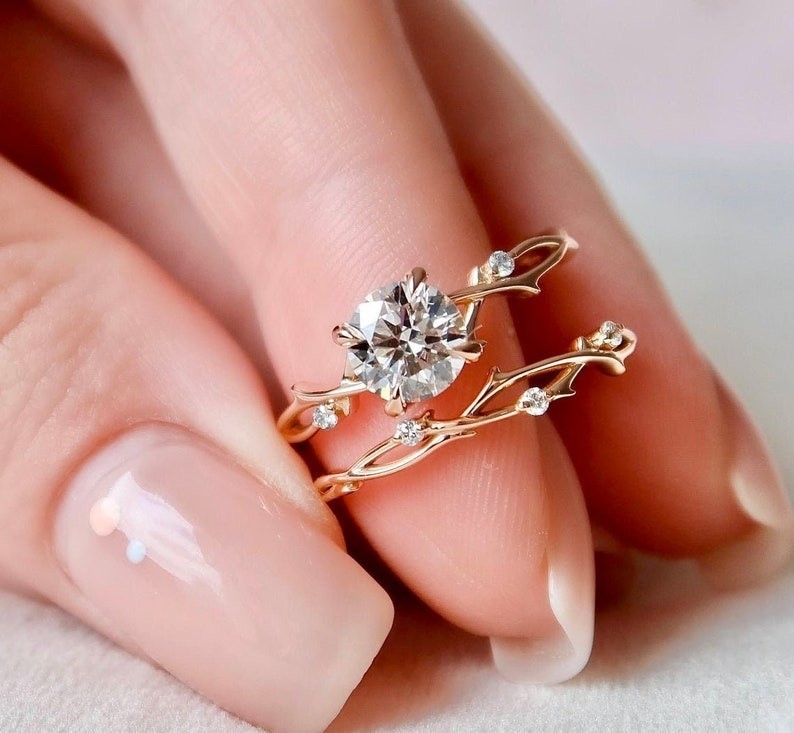 1.0 CT Round Cut Twig Branch Rose Gold Plated Silver Engagement Ring Set