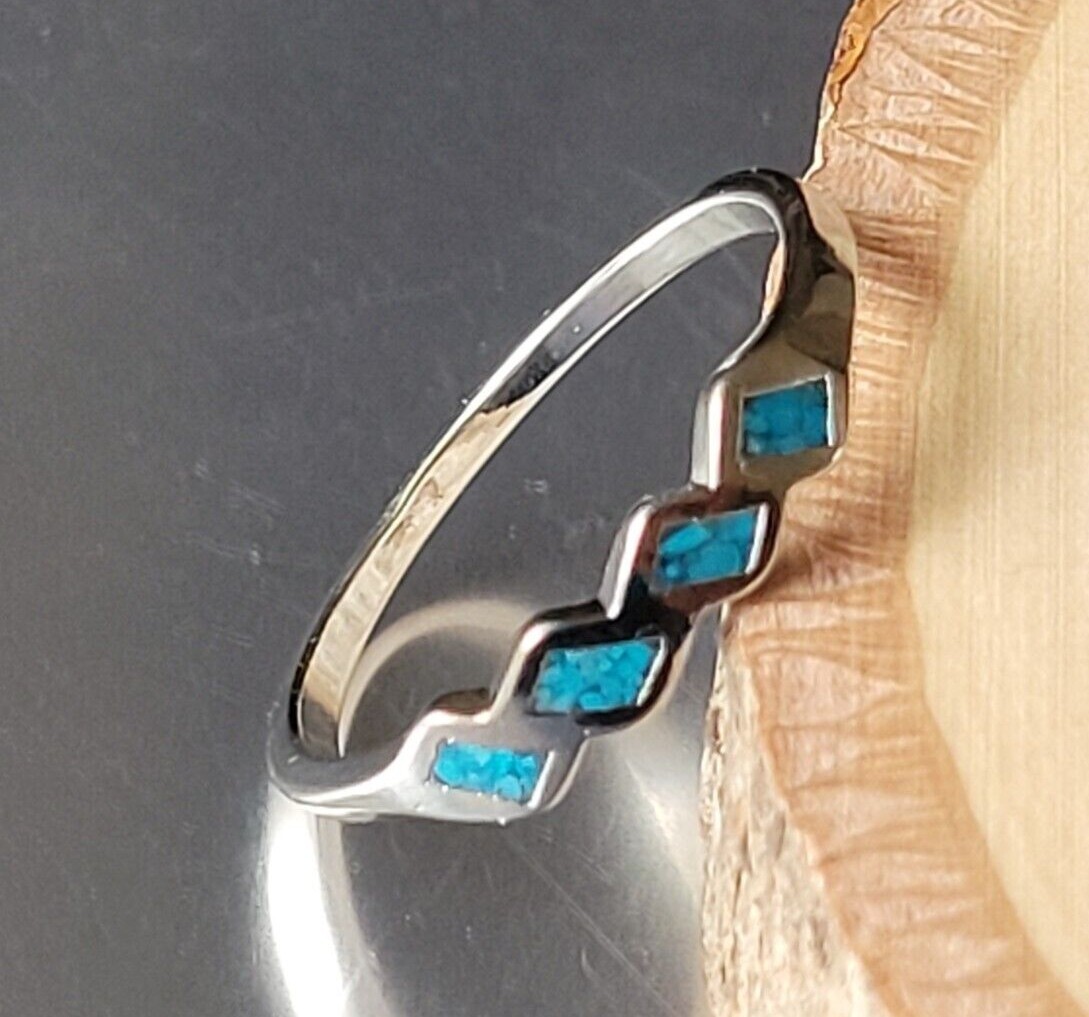 Silver Plated Genuine Turquoise Chip Inlay Ring Southwest 4 Squares Band Ring