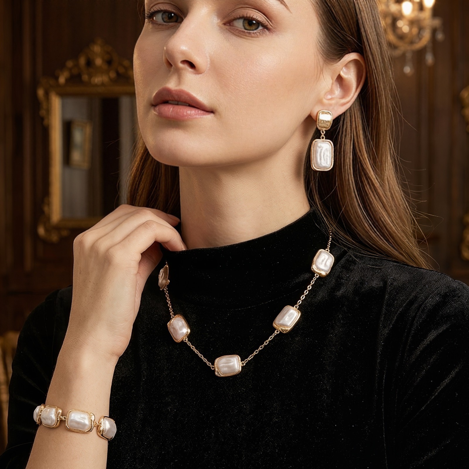 Gold Faux Pearl Jewelry Set Necklace Earrings Bracelet Wedding Bridal Gift