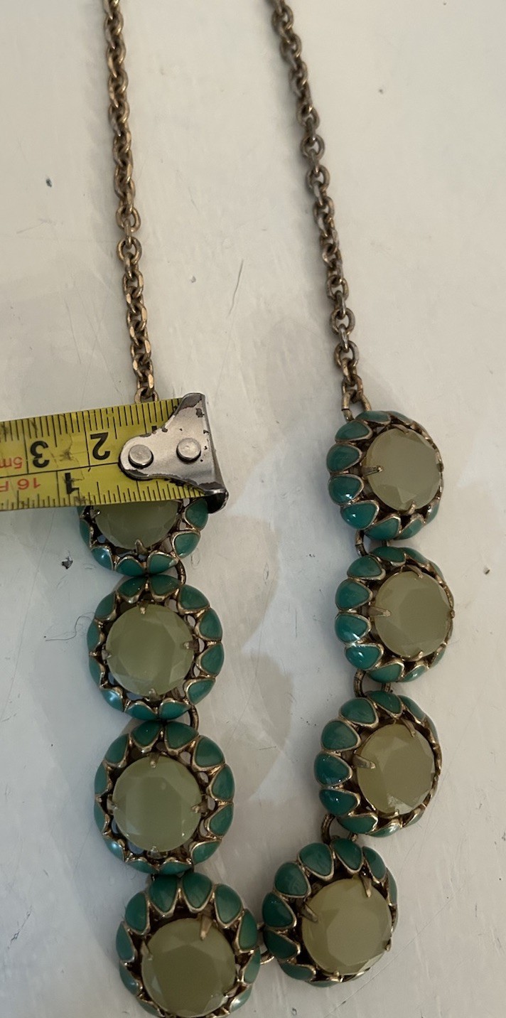 J Crew Scalloped Cupcake Necklace Green Stones & Enamel Gold Toned Metal