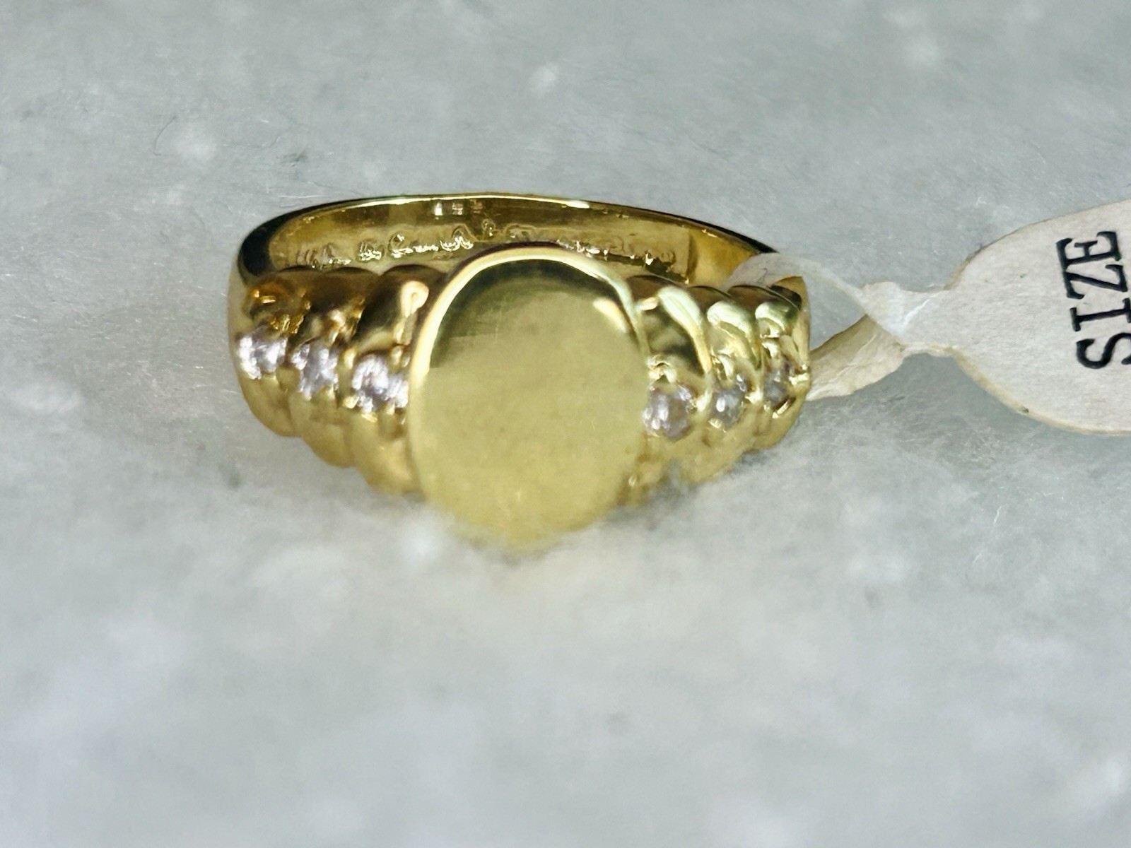 Vintage Gold Tone Oval Signet Ring with Clear Accent Stones – Size 8