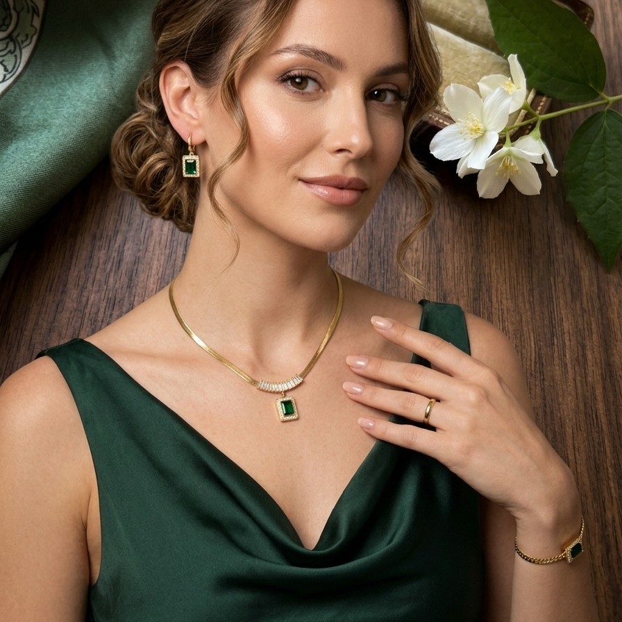[US STOCK]18K Gold Plated Emerald Green CZ Jewelry Set Necklace Bracelet Earring