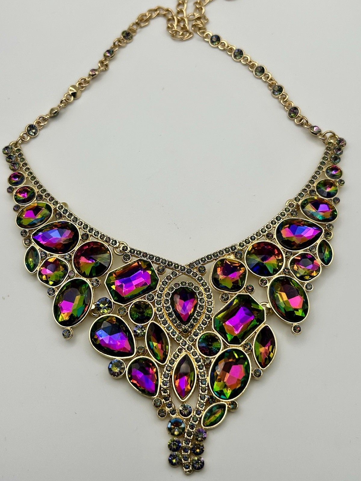 Modern Asymmetrical Bib Necklace Peacock Rainbow Rhinestone Flash Statement Pink