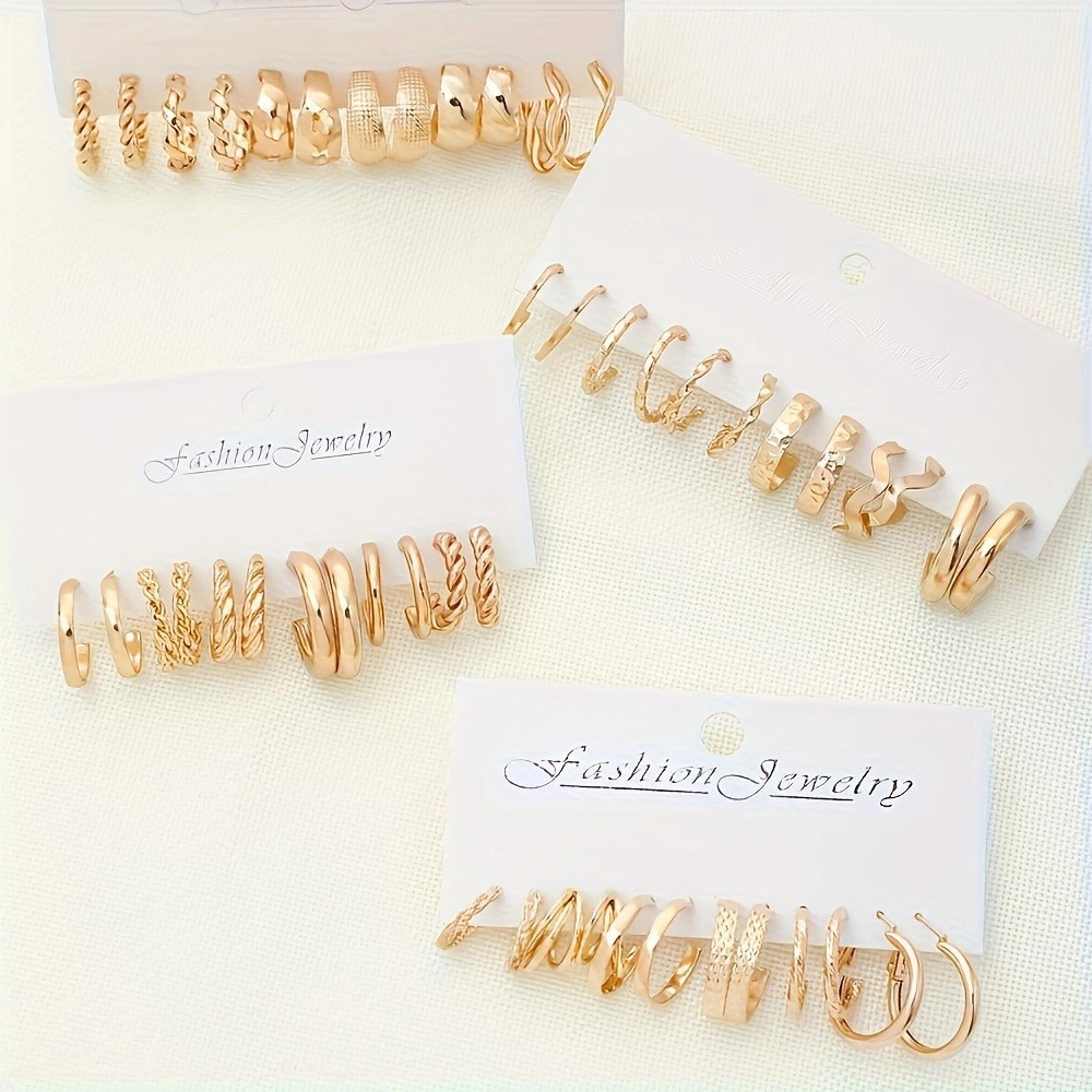 24 Pairs Golden Earrings Set Fashion C-shaped Alloy Earrings for Women’s Jewelry