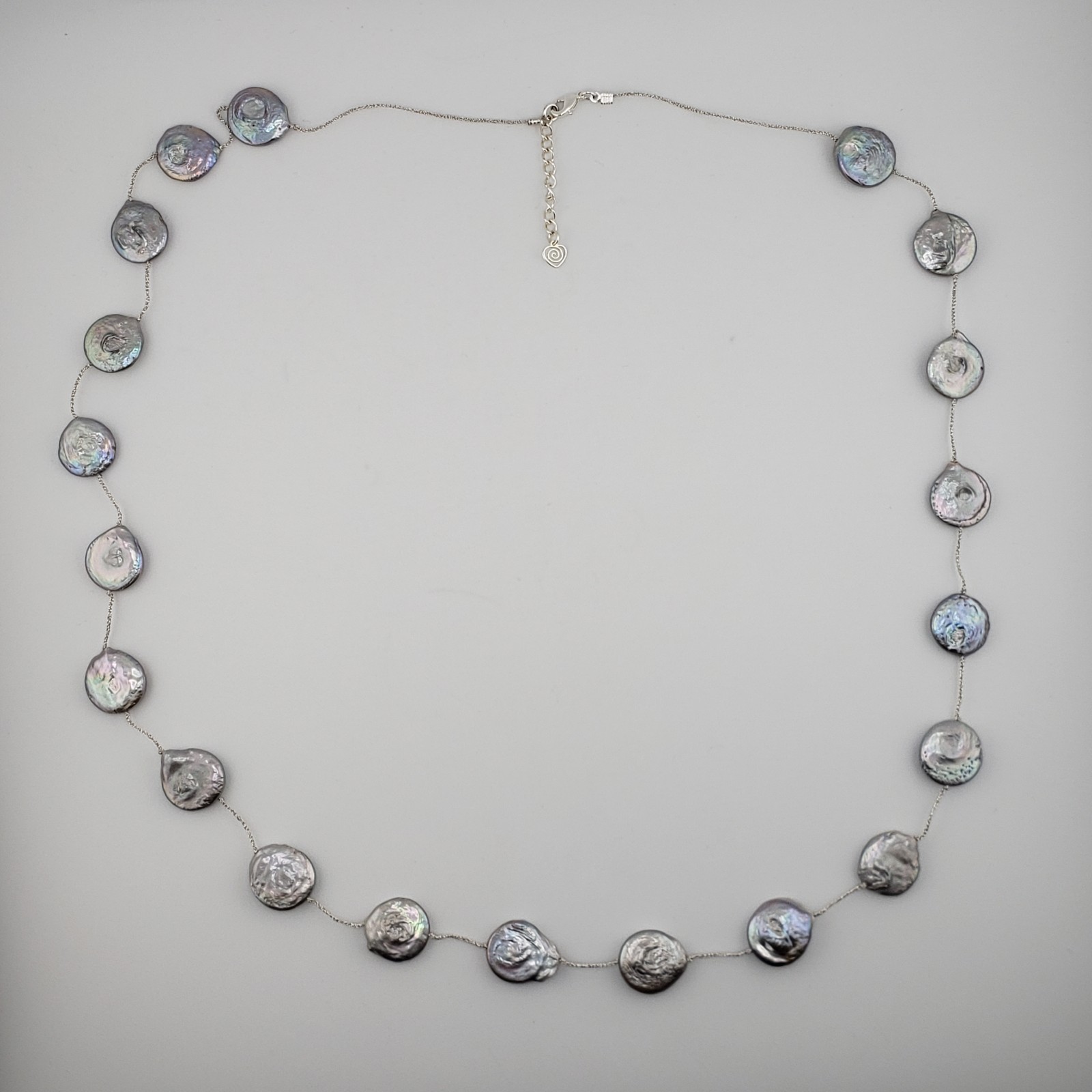 Freshwater Keshi Coin Pearl Necklace Gray Peacock Sheen Station Dramatic 36″