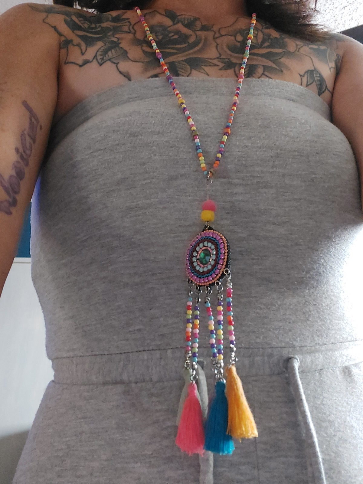 Multicolor Beaded Tassel Pendant Necklace Bohemian Ball/Bead Chain No Stone
