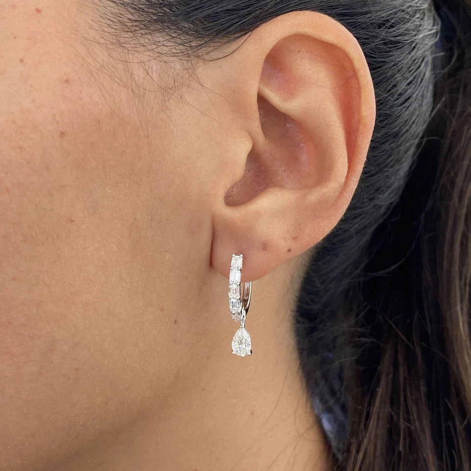 14K White Gold Plated In 2.60Ct Pear Cut Simulated Diamond Drop Clip On Earring