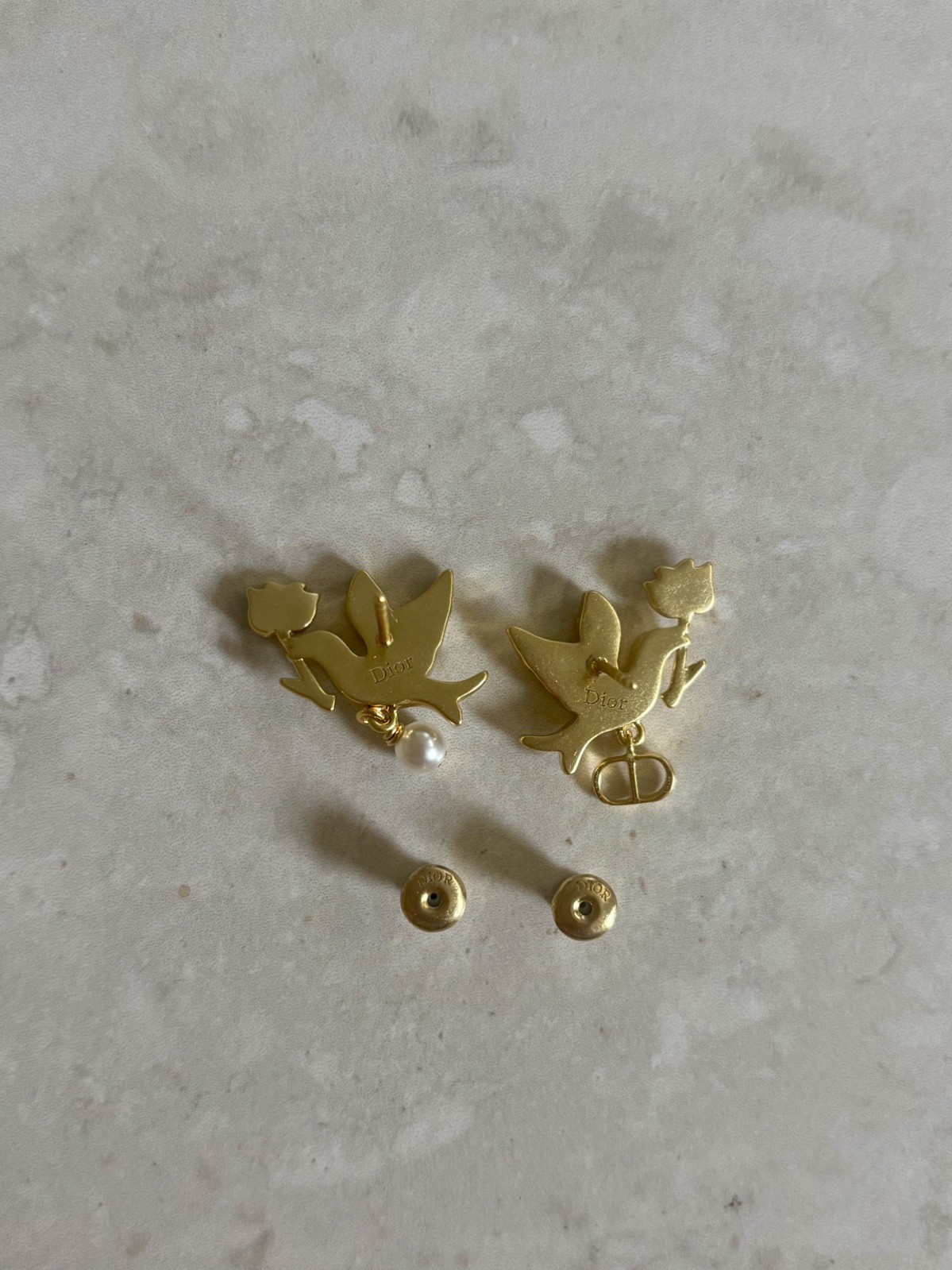 Dior Dioramour Doves & Roses Gold Plated and White Resin Pearl Earrings
