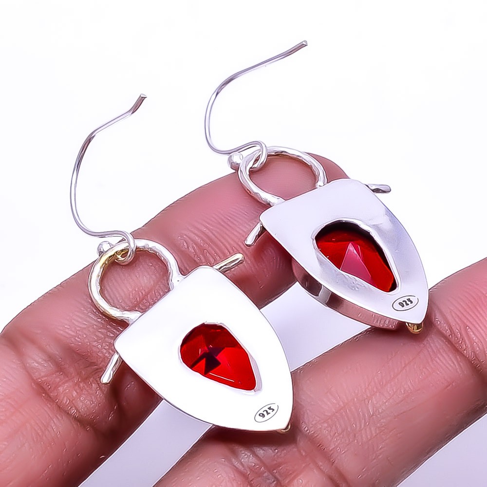Red Garnet 925 Sterling Silver Two Tone Earring 1.76″ E103, Christmas Gift