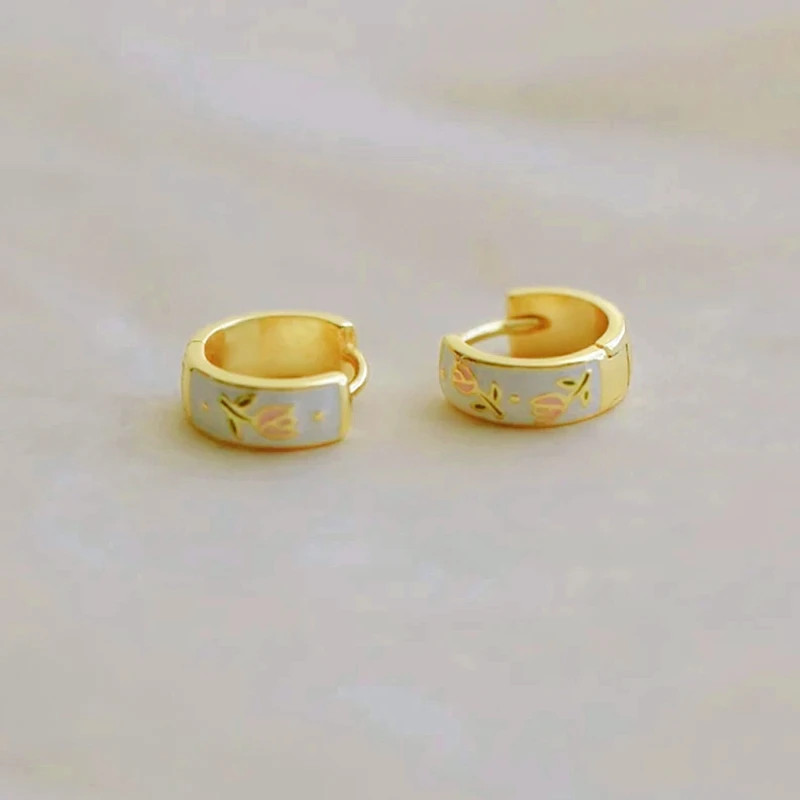 Metal Enamel Hoop Earrings Women Tulip Floral Tea Cup Spring Summer Jewelry