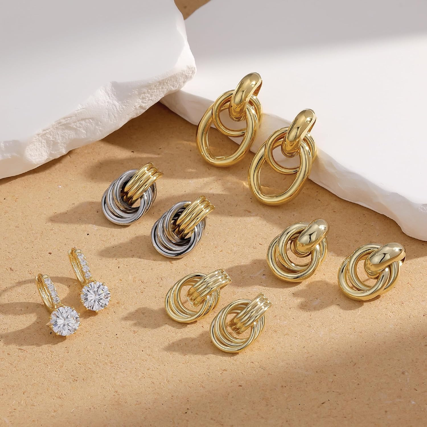 Gold-Plated Chunky Gold Earrings for Women Knot Link Circle Geometric Drop Dangl