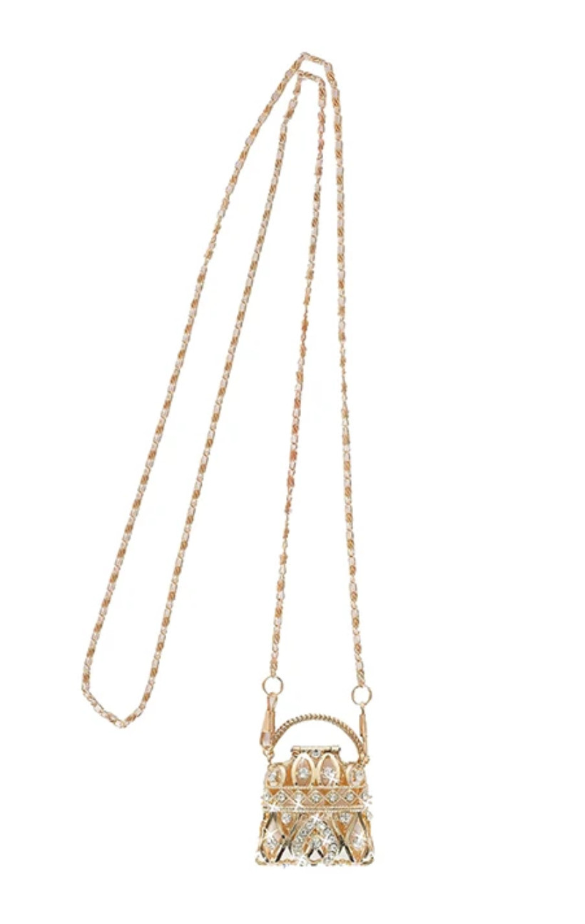 Mini Crystal Purse Pendant Necklace Gold Tone Long Chain Crossbody Handbag Charm