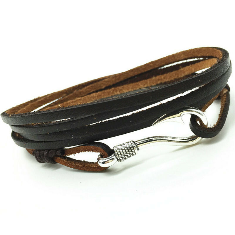 Vintage style Brown Genuine Leather & Antiqued Silver Fish Hook Clasp Bracelet