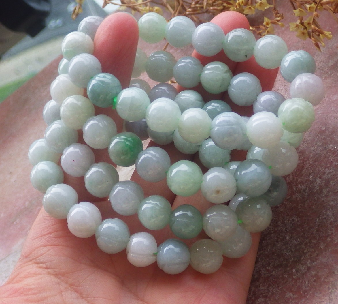 1 Pcs Green A JADE Jadeite Beads Bangle Lotus Flower Bracelet 7 inches 手链 737180