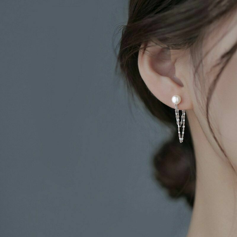 Silver Plated Round Pearl Tassel Earrings Drop Dangle Women Jewelry Lab-Created