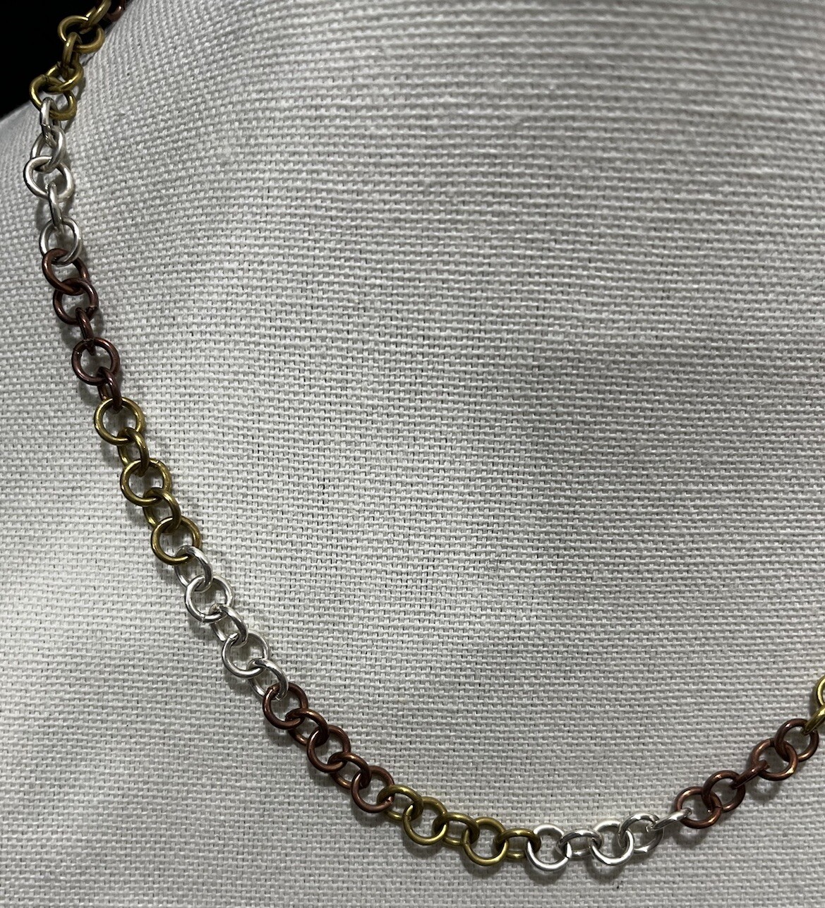 Tri Color Gold Silver Bronze Brutalism Inspired Chain Link Necklace Toggle Hook