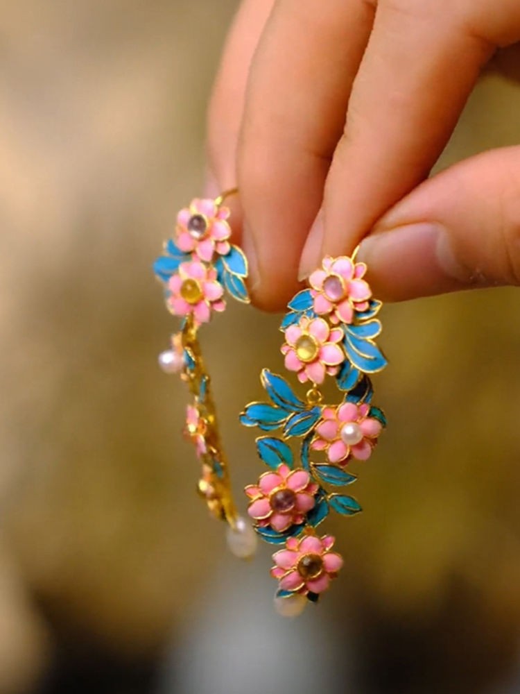 Chinese Style Filigree Enamel Flower Earrings Pearl Tassel Vintage Jewelry