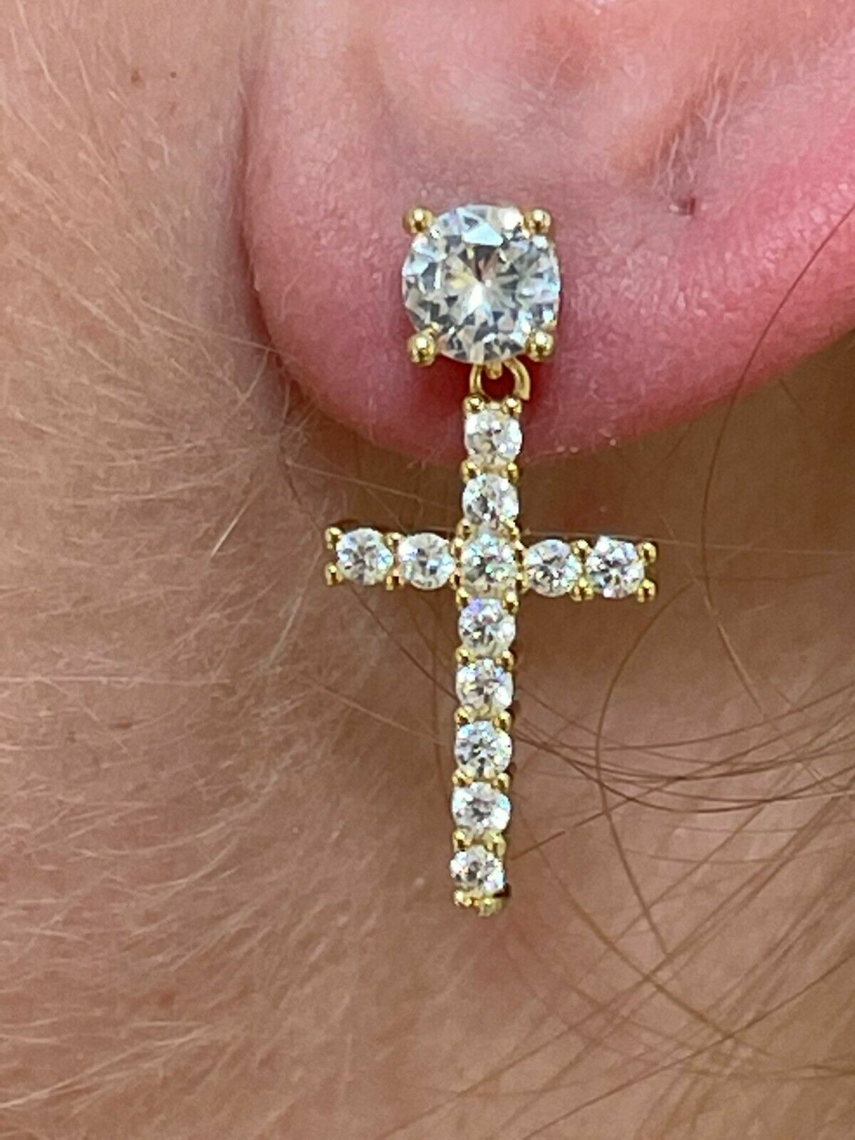 Real MOISSANITE 14k Gold Plated Dangle Cross Studs Earrings Iced Passes Tester