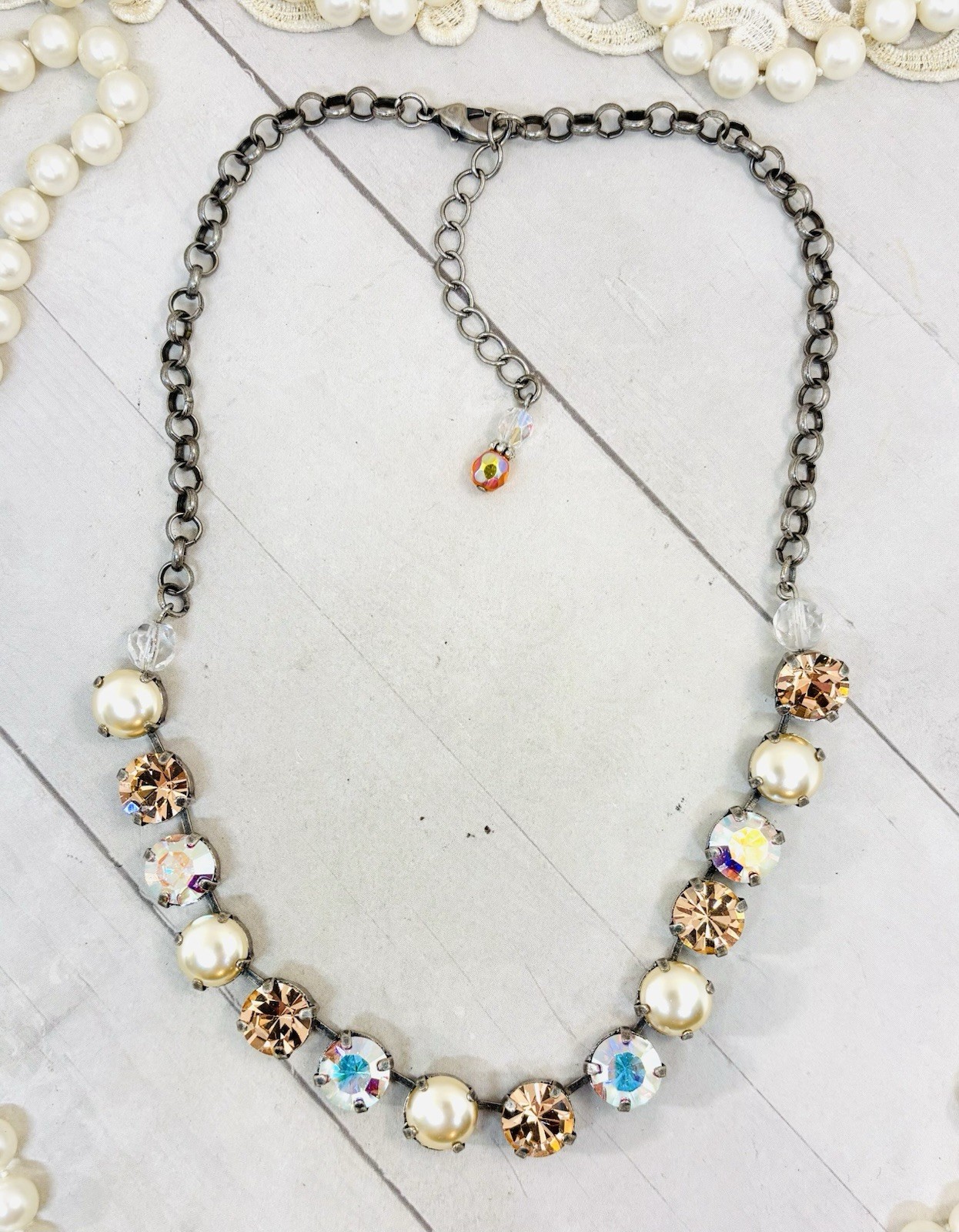 10mm Antique Silver Plated Peachy Cream Cup Chain Necklace with Lt Peach Stone